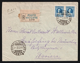 1930 (Feb. 1) Vatican: Registered cover to Bavaria franked with two 1.25 lire Pope Pius singles tied by 'Citta Del Vaticano' postmark with additional strike and registry label alongside. 'Amb. Roma Firenz Milano' railway transit backstamp (also Feb, 1), 'Bologna -Trento' railway transit backstamp (Feb. 2) German 'Grafelfing' arrival backstamp (indistinct day)