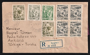 1953 (April 23) Yugoslavia: Registered Remittance cover to Turkey franked with eight Workers issues - total franking 70 dinars - all tied by 'Beograd' postmarks. Yugoslav currency control tape tied on reverse by 'Pregladano' examiner's triangular handstamp in red. Turkish 'Istanbul' boxed transit backstamp (indistinct date) and 'Ankara' arrival backstamp (May 1)