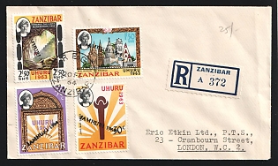 1964 (Feb. 20) Zanzibar Revolution: Registered First Day cover to London franked with 30g, 50c, $1.30, and $2.50 Handstamped 'Jamhuri 1964' Overprints tied by 'Reg. Zanzibar' postmarks with additional strike on reverse. Sent to USA with 'Lansdale Pa.' arrival bkstp (March 26)
