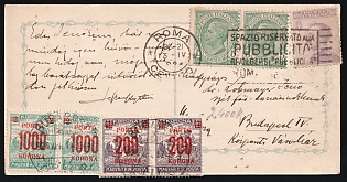 1921 (13 Apr) Italy, Postcard from Rome (Italy) to Budapest (Hungary) franked with mixed franking of Italy Pair of 5c and 50c and Hungary Pairs of 200kr on 4.5k and 1000kr on 2k, with Black 'Space Reserved for Advertising' Handstamp