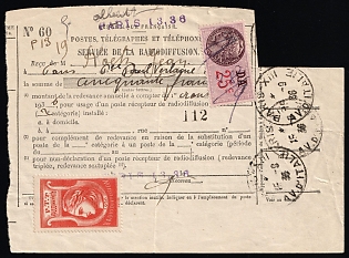 1936 Paris, France, Post, Telegraph and Telephone Service, Broadcasting Service, Annual Fee, Receipt, franked with Revenue 25c and Cinderella 'Broadcasting'
