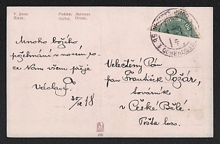1918 (30 Dec) Czechoslovak Republic Postcard to Bílá (Czechoslovakia), franked with bisect 20h of Austria