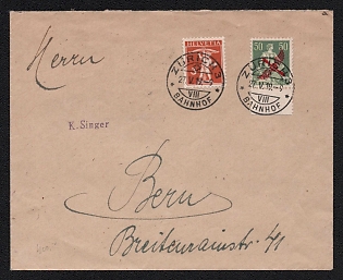1919 (27 May) Switzerland Airmail Cover from Zurich (Switzerland) to Bern (Switzerland), franked with 3c and 50c, with violet handstamp 'Sender's name.'