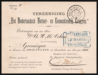 1898 (7 Jan) Netherlands, Receipt for payment of membership fees to the Netherlands Congress of Natural and Medical Sciences from Amsterdam to Groningen