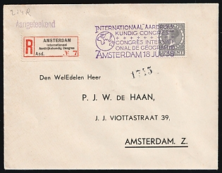 1938 (18 Jul) Netherlands, 'International Geographical Congress', Registered Cover locally addressed in Amsterdam franked with 27.5c, Commemorative Postmark