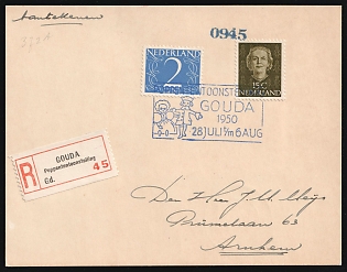 1950 (1 Aug) Netherlands, 'Gouda Puppet Exhibition', Registered Postcard from Gouda to Arnhem franked with 2c and 15c, Commemorative Postmark
