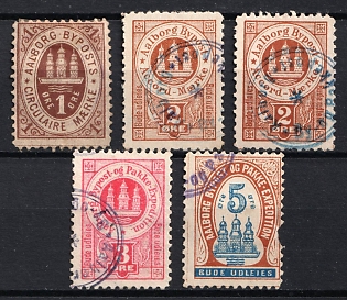 1880s Denmark, Aalborg Bypost Local Post, City and Parcel Expedition Stamps