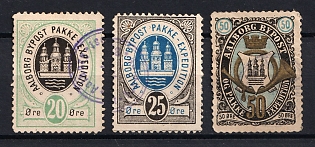 1880s Denmark, Aalborg Bypost Local Post, City and Parcel Expedition Stamps