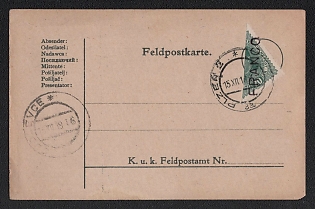 1918 (15 Dec) Czechoslovak Republic Field post, Military Post Postcard from Plzen (Czechoslovakia) franked with bisect 20h, with black handstamp 'Franked'
