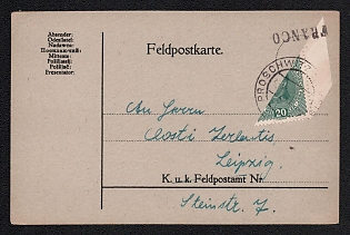 Austria-Hungary Field post, Military Post Postcard from Proschwitz (Germany) to Leipzig (Germany) franked with bisect 20h of Austria, with black handstamp 'Franked'