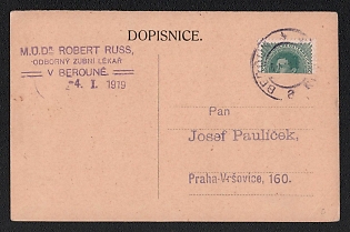 1919 (4 Jan) Czechoslovak Republic Postcard 'Ordering philatelic materials', from Beroun (Czechoslovakia) to Prague (Czechoslovakia), franked with bisect 20h of Austria