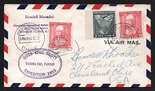 1953 (24 Mar) Chile Airmail Cover, from Porvenir (Chile) to Cleveland (United States), franked with 1p and 2 x 10p, with violet handstamp 'Expedition to the land of fire'