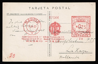 1932 (16 Sep) Spain, 'The Franchise of the Telegraph and Radio Conference', Postal Stationery Postcard from Madrid to The Hague (Netherlands)