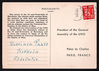 1951 (13 Dec) Finland, 'Free the Barcelona 34 ', Postal Stationery Postcard from Kokkola (Finland) to Paris (France), franked with 12m