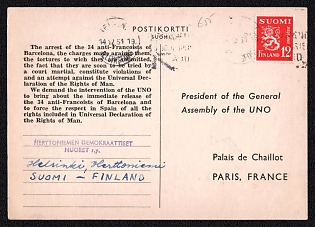 1951 (14 Dec) Finland, 'Free the Barcelona 34 ', Postal Stationery Postcard from Helsinki (Finland) to Paris (France), franked with 12m