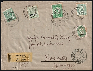 1909 (29 Nov) Turkey, Offices in Levant, 'Hungarian Limited Liability Company, Thessaloniki Branch', Commercial Registered Cover from Austrian Post Office in Thessaloniki (Ottoman Empire) to Kismarton (Eisenstadt, Austria), with Turkish 10pa, Mixed franking of Italian 10pa on 5c, British 1/2d, French 5c, Russian 10pa on 2k and Austrian 10pa and pair of 2pi Post Offices in Levant Stamps