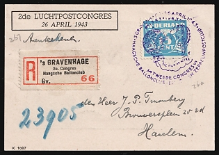 1943 (26 Apr) Netherlands, '2nd Congress of the Hague Balloon Club', Registered Postcard from Hague to Haarlem franked with 15c, Commemorative Postmark