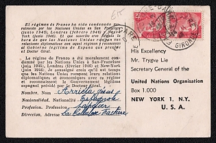 1945 (14 December) Spain, 'Free the Barcelona 34 ', Postal Stationery Postcard from Girona (Spain) to New York (USA), franked with 3fr of France