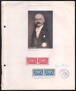 American Legion, French Colonies Presentation Sheet with stamps, Photograph, official handstamp, and signature of President of France Albert Francois Lebrun