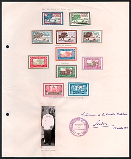 New Caledonia, French Colonies Presentation Sheet with stamps, Photograph, official handstamp and signature of Governor M. Siadous