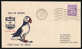 1961 (18 Dec) Jethou Island, Guernsey, Great Britain, Local, First Day Cover FDC, franked with 3d and 6d of Souvenir Sheet 'Europa 1916' Jethou Isle on the backside