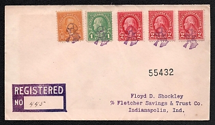 1930 (22 Feb) United States, Registered City Commercial Cover, Indianapolis (USA), to Fletcher Savings & Trust Co., franked with 1c, three 2c, 10c tied by Violet cancellation 'George Washington' and Registration violet handstamp