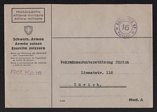 Switzerland Field Post 'Radio station 16', Military Post Cover to Zurich (Switzerland), with violet handstamp