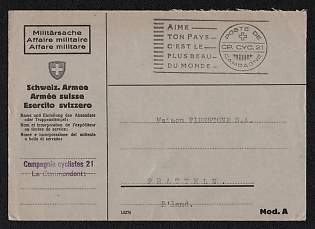 Switzerland Field Post 'Cycling company 21', Military Post Cover to Pratteln (Switzerland), with violet handstamp