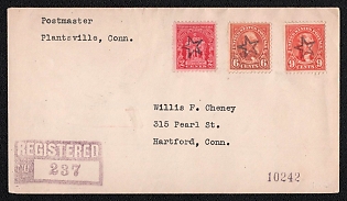 1930 (21 Nov) United States, Registered Cover from Southington, Plantsville (USA) to Hartford (USA), franked with 2c, 6c, and 9c canceled by Black 'Star' Handstamp, shield handstamp on back side