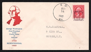 1932 (14 Jun) United States, Cover '200th Anniversary of the Birth of George Washington, the First President of the United States of America' from Edgewood (USA) to Cohoes (USA), franked with 2c, canceled by Black Handstamp