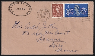 1962 (10 Apr) Local Cover from Lundy Island (Great Britain) to Roanne (France), mixed franked with 2d and 4d Great Britain and 1d Lundy on the backside (with black oval handstamp 'Delayed by storm')