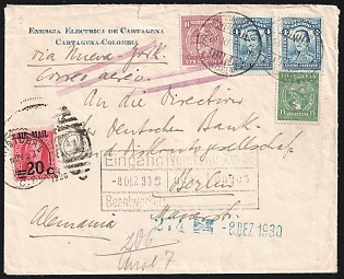 1930 (24 Nov) Republica of Colombia, International Airmail Cover from Cartagena (Colombia) via New York (United States) to Berlin (Germany), franked with 2 x 4c, 10c and Airmail 10c, 15c and Canal Zone 20c on 2c (tied by Oval Numeral '1' Postmark)