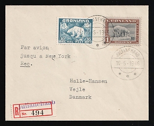 1946 (10 May) Greenland, Registered Airmail Cover from Julianehab (Qaqortoq, Greenland) via Airmail by Plane New York (USA) to Vejle (Denmark), with Registered Number '494', franked with 30Ø, 1kr