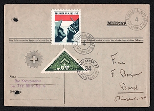 Switzerland Field Post 'Territorial Machine Gun Company 4', Military Post, Annulate Cover to Basel (Switzerland), franked with Postmark 'Machine Gun Unit 4', 'Bicycle Unit 34', with violet handstamp