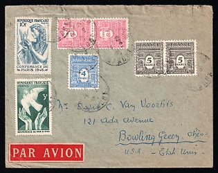 1946 France, Airmail Cover from Manche to Bowling Green, Ohio (United States), franked with 4fr Pairs 1.50fr and 5fr, Complete Set 3fr, 10fr