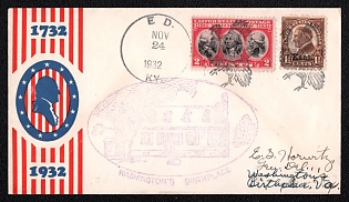 1932 (24 Nov) United States, Cover '200th Anniversary of the Birth of George Washington, the First President of the United States of America' from Reed (USA) to Washington’s Birthplace (USA),  franked with 1 1/2c overprint 'Kans' and 2c, canceled by violet 'Washington's Birthplace' Handstamp and black 'Turkey' Handstamp