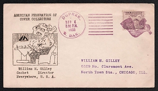 1933 (4 Sep) United States, Souvenir Cover 'American Federation of Cover Collectors' from Dupree (USA) to Chicago (USA), Cachet 'William H. Gilley, Cachet Director' franked with 3c, canceled by Violet Handstamp