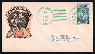 1933 (30 Nov) United States, 'Thanksgiving' Cover from Turkey City (USA) to Atlantic City (USA), franked with 3c, canceled by Green 'Turkey' Handstamp