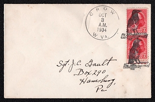 1934 (3 Oct) United States, Cover from Crow (USA) to Harrisburg (USA), franked with 2x 2c, canceled by Black 'Crow' Handstamp