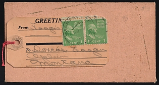 1948 (21 Jun) United States, Greeting Parcel Address Tag from Marysville (California, United States) to Opheim (Montana, United States), franked with Pair of 1c