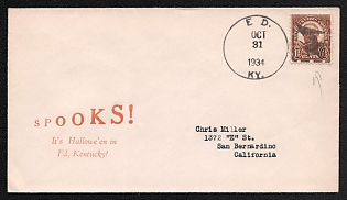 1934 (31 Oct) United States, 'Spooks! It’s Hallowe’en in Ed, Kentucky!' Halloween Cover from Ed (USA) to San Bernardino (USA), franked with 1 1/2c, canceled by Black 'Witch' Handstamp