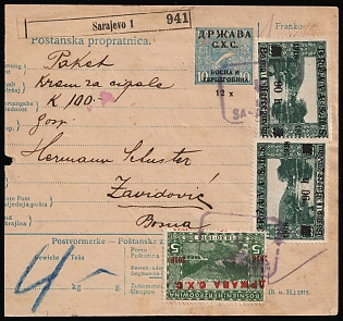 1919 Yugoslavia, Issued for Bosnia and Herzegovina, Accompanying Letter to Parcel from Sarajevo (Bosnia-Herzegovina) to Zavidovici (Bosnia-Herzegovina) franked with 5h, two 90h on 35h, with Black Handstamps 'Delivered' and ‘Storage Fee’