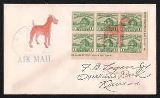1937 (10 Sep) United States, Airmail Cover from Boulder (USA) to Overland Park (USA), franked with a block of six 1c, canceled by Red-Brown 'Dog' Handstamp
