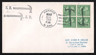 1953 (10 Mar) United States, Cover from Hammer (USA) to Puyallup (USA), franked with a block of four 1c tied by Black 'Hammer' Handstamp
