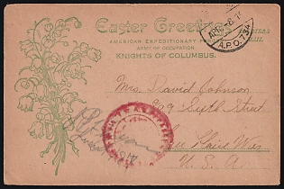 1919 (8 Apr) United States, 'Easter Greeting. American Expeditionary Forces Army of Occupation. Knights of Columbus', International Stampless Censored Military Postcard from A. P. O (Army Post Office) 734 to United States
