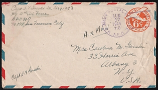 1944 (17 Aug) 6c United States, Airmail Military Postal Stationery Cover from A. P. O 710 Located in San Francisco (United States) to New York (United States)