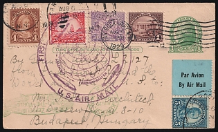 1929 (6 Aug) 1c United States, Graf Zeppelin Postal Stationery Airmail Postcard from Far Rockaway via Lakehurst to Budapest (Hungary), additionally with multiple franking, with Violet 'First Round the World Flight' and Green 'Graf Zeppelin Round - the - World Flight' Handstamp and Blue Airmail Label