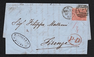1863 (24 Nov) Malta Cover from Valletta (Malta), via Livorno (Italy), to Florence (Italy), franked with 4p, with red handstamp 'Paid to destination'