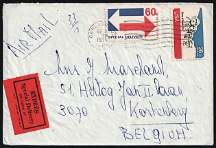 1974 (6 May) United States, Express Special Delivery Airmail Cover from Carlton (United States) via Brussels (Belgium) to Kortenberg (Belgium), franked with Special Delivery 60c and Airmail 26c tied by Wavy Line Cancellation