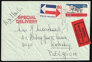 1974 (22 May) United States, Express Special Delivery Airmail Cover from Carlton (United States) via Brussels (Belgium) to Kortenberg (Belgium), franked with Special Delivery 60c and Airmail 26c tied by Wavy Line Cancellation, with Red 'Special Delivery' Handstamp